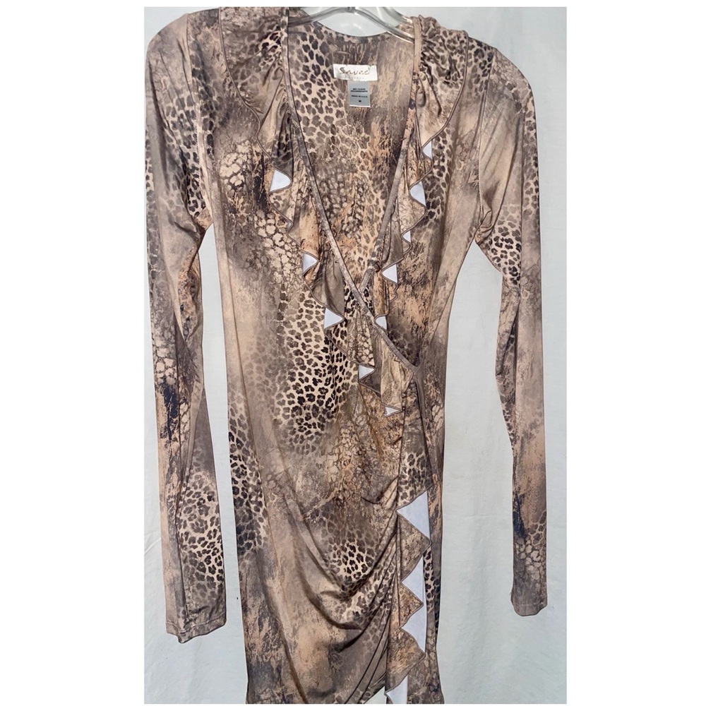 Savee Couture Leopard Print Stretch Dress Ruffle Neckline Size Medium New